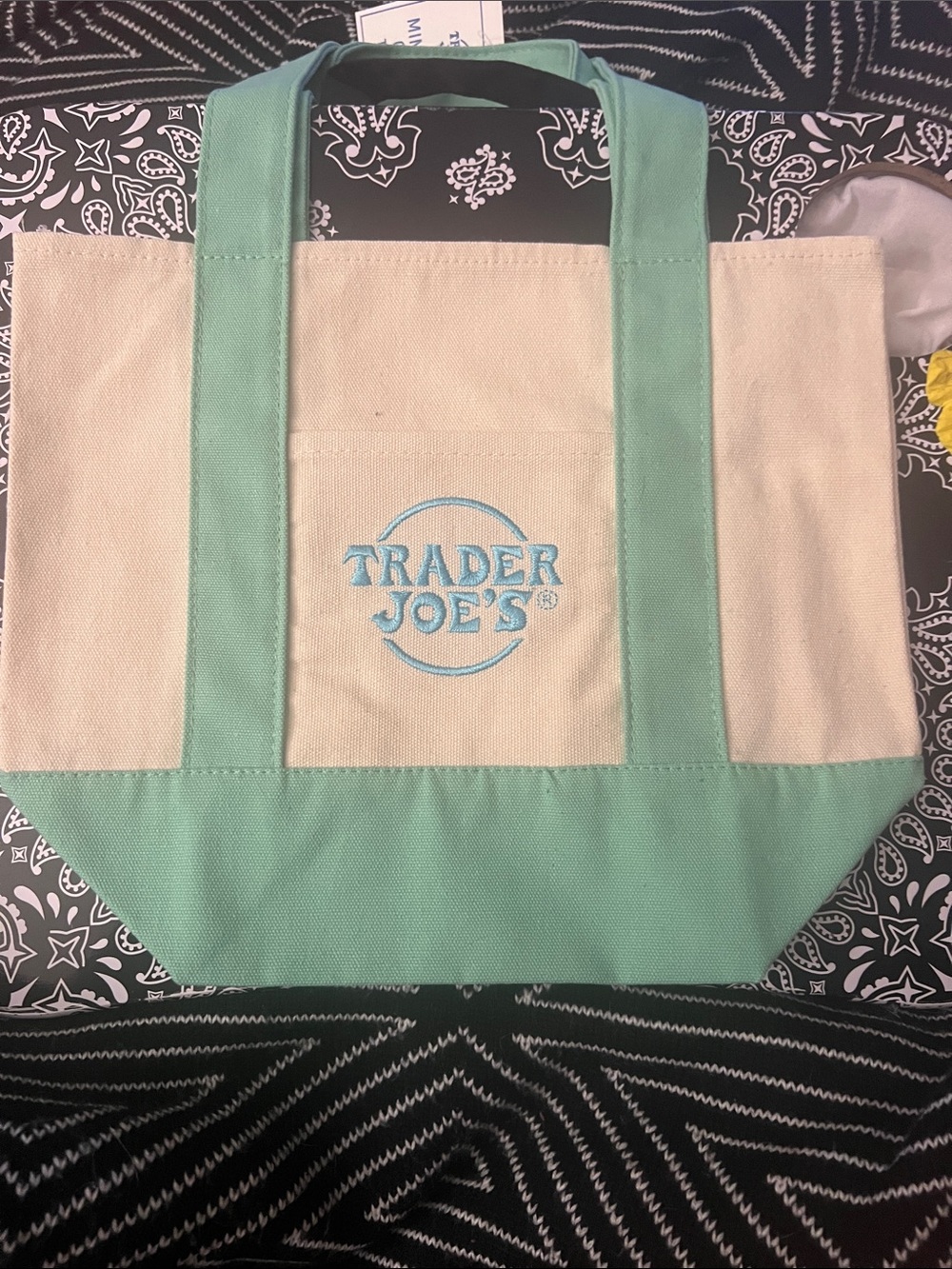 Trader Joe's Cream and Mint Canvas Tote Bag